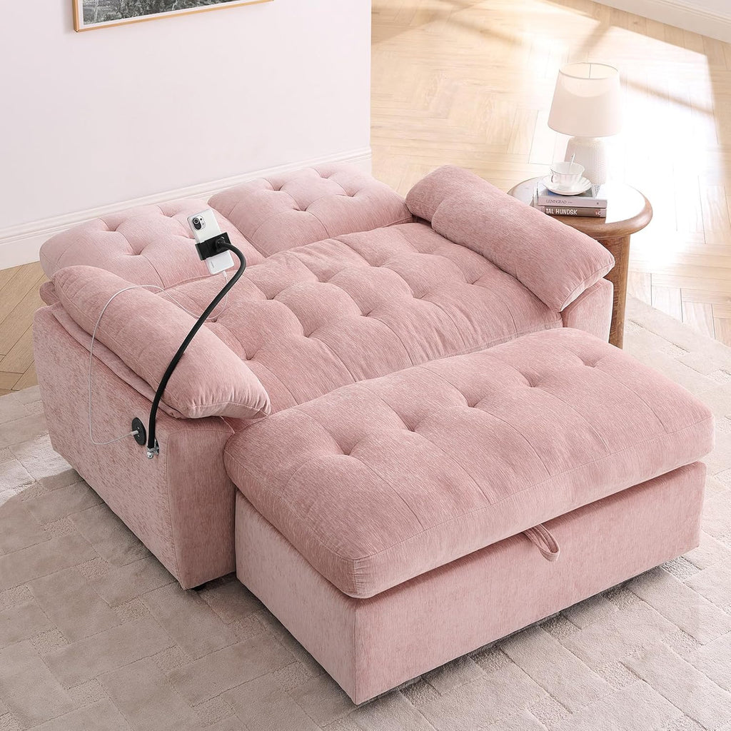 Chaise Lounge Chair Indoor with Storage Ottoman, Comfy Chenille Tufted Loveseat Sofa Chair with USB & Phone Holder, Upholstered Adjustable Backrest Lounge Sofa Chair for Living Room, Bedroom, Pink