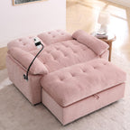 Chaise Lounge Chair Indoor with Storage Ottoman, Comfy Chenille Tufted Loveseat Sofa Chair with USB & Phone Holder, Upholstered Adjustable Backrest Lounge Sofa Chair for Living Room, Bedroom, Pink