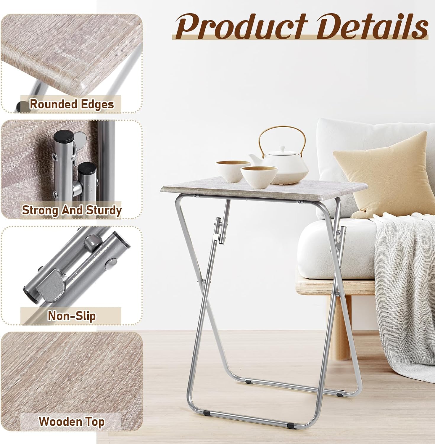 Geetery 2 Pack Folding TV Tray Tables No Assembly Required 18.9 x 15 x 26 in Dinner Table Foldable Snack End Table for Bed Couch Eating Living Room Bedroom (Light Brown)