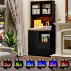 71‘’Kitchen Pantry Storage Cabinet with LED Lights and Power Outlet, Tall Farmhouse Kitchen Hutch with Microwave Stand,Globet Hooks and Adjustable Shelf for Dining Living Room,Black