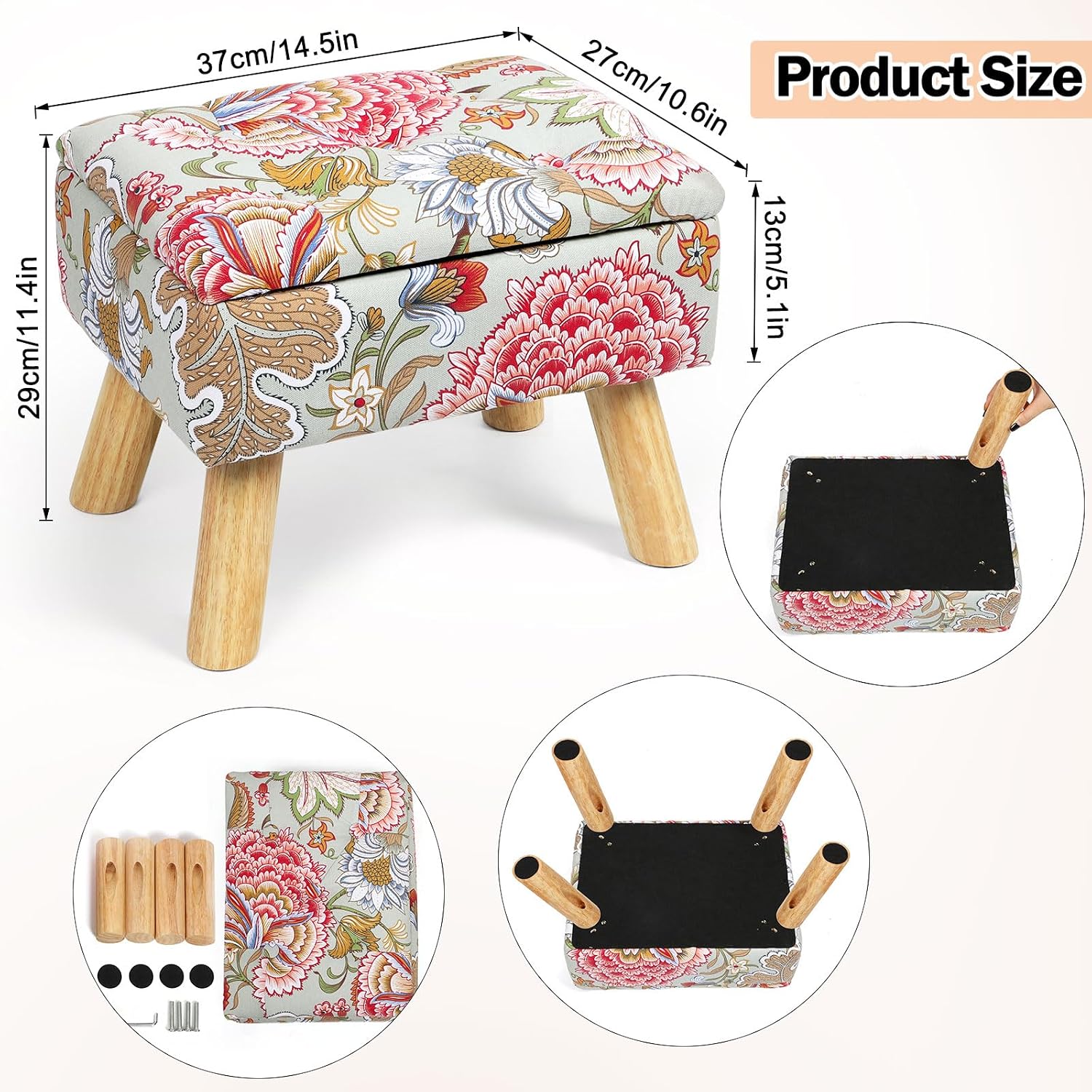 Small Storage Ottoman with Wood Legs, Boho Floral Upholstered Footrest | Hidden Storage Ottoman: Removable Lid Stores Blankets, Toys And Remotes; Doubles As A Footrest Stool
