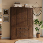 TOKSOM 4 Doors Freestanding Armoire Wardrobe Closet, 72" Walnut Wardrobe Armoire Wooden Closet Large Capacity Storage with 3 Drawers & 3 Hanging Rod Shelves Clothes Organizer