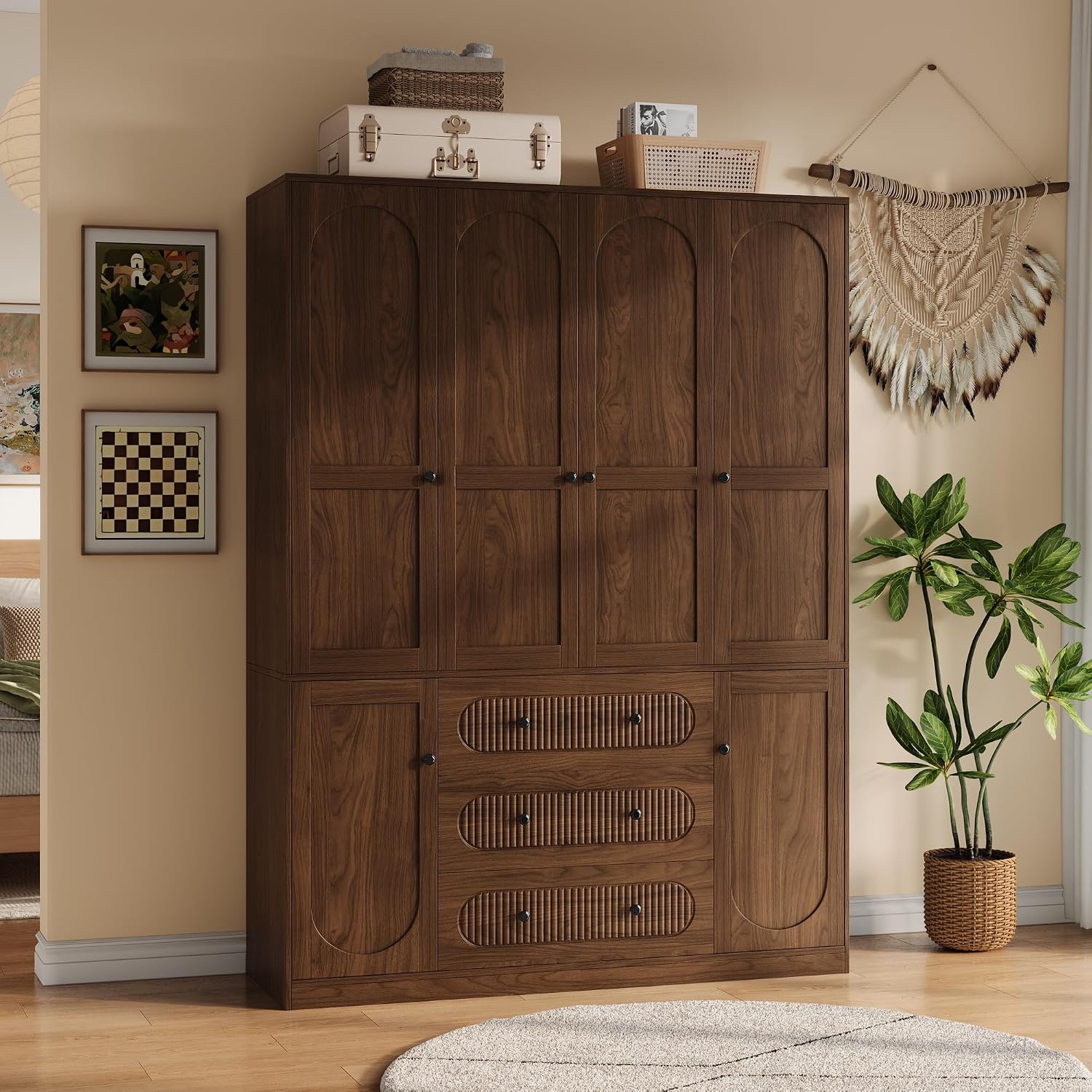 TOKSOM 4 Doors Freestanding Armoire Wardrobe Closet, 72" Walnut Wardrobe Armoire Wooden Closet Large Capacity Storage with 3 Drawers & 3 Hanging Rod Shelves Clothes Organizer