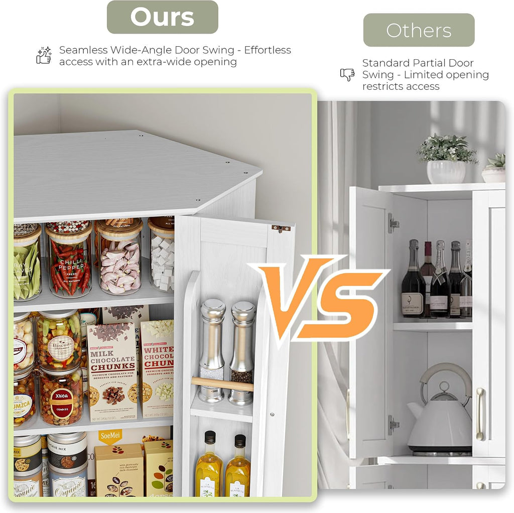 IRONCK Corner Cabinet, 72" Farmhouse Pantry Storage Cabinet, White | 6 Tiers Kitchen Pantry with 2 Adjustable Shelves, 240° Swivel Doors and Storage Rack for Kitchens, Dining rooms, Living rooms