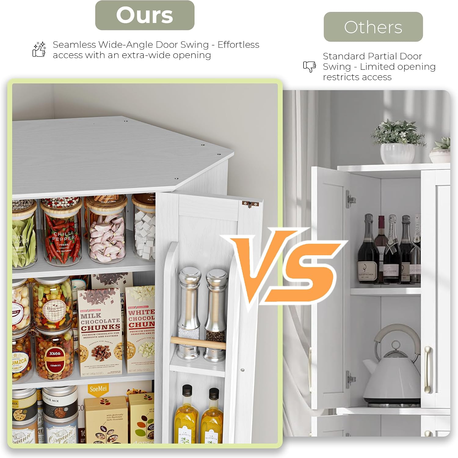 IRONCK Corner Cabinet, 72" Farmhouse Pantry Storage Cabinet, White | 6 Tiers Kitchen Pantry with 2 Adjustable Shelves, 240° Swivel Doors and Storage Rack for Kitchens, Dining rooms, Living rooms