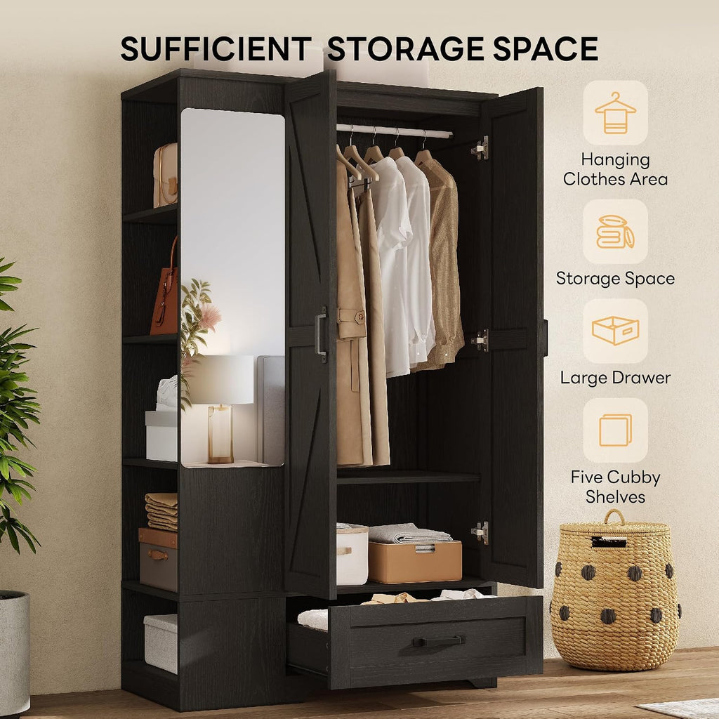 LIKIMIO Armoire Wardrobe Closet 70 Inches, Large Storage with Mirror, 2 Doors, Drawer, and Shelves, Modern Bedroom Freestanding Wooden Wardrobe Combination with Hanging Rail, Black