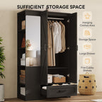 LIKIMIO Armoire Wardrobe Closet 70 Inches, Large Storage with Mirror, 2 Doors, Drawer, and Shelves, Modern Bedroom Freestanding Wooden Wardrobe Combination with Hanging Rail, Black