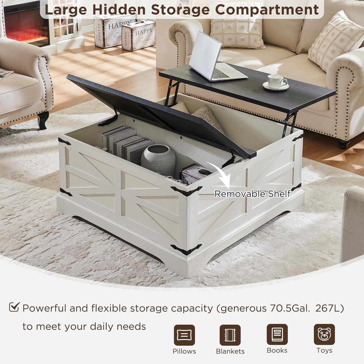 JXQTLINGMU 3-Piece Farmhouse Coffee Table and End Table Sets, Includeds 36" Lift Top Square Coffee Table w/Storage & 2 Rustic Wood End Tables w/Charging Station & Barn Doors for Living Room, White