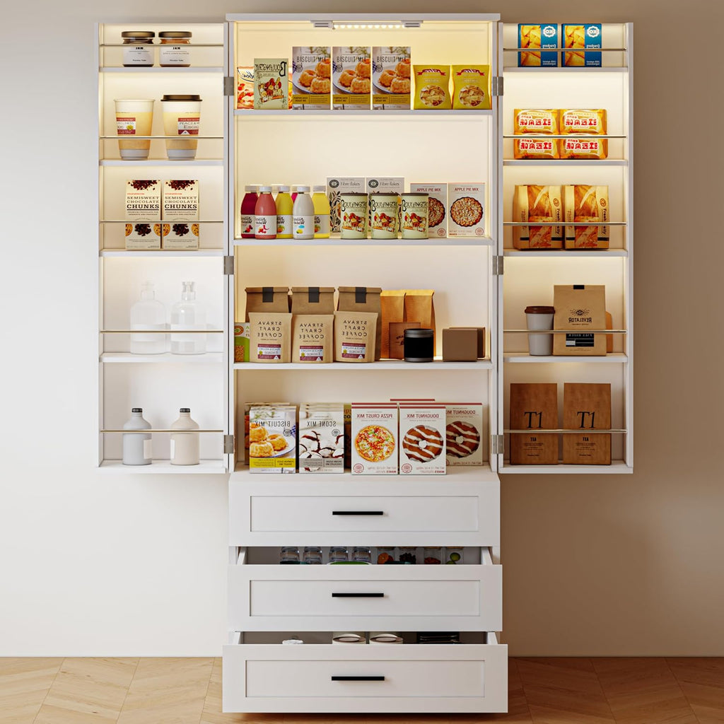 FJTJBSI 72" LED Kitchen Pantry Cabinet with 3 Drawers Farmhouse Tall Storage Cabinet Wood Food Pantry with Barn Doors and Adjustable Shelves Versatile Storage Freestanding Cupboard for Kitchen