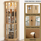 69" H Lighted Corner Display Cabinet, Curio Corner Glass Cabinet w/Adjustable Shelves & Glass Door, 5-Tier Wooden Storage Display Case w/Mirrored Back Pane for Living Room(Light Oak)