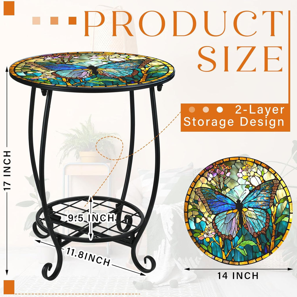 Cinnvoice Outdoor Side Table Round Small Mosaic Patio Accent Indoor End Plant Coffee Tea Table for Yard Patio Porch Garden Living Room, Bedroom(Butterfly Style,14 Inch)