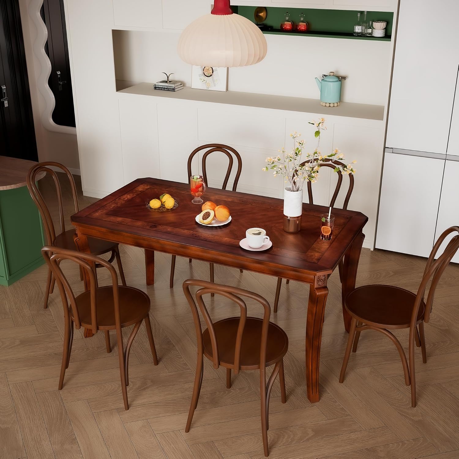 59”Farmhouse Dining Table with Carved Legs,Rectangular Kitchen Table for 4–6 Person, Solid Wood Dinner Table for Living Room, Dining Room,Easy Assembly Cherry Brown CZ-A1168-WD