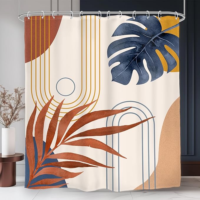 Glawry Abstract Tropical Shower Curtain Watercolor Navy Blue Brown Boho Palm Leaf Simple Minimalist Chic Bathroom Modern Botanical 60Wx72L Inches Bath Accessories Art Home Decor Fabric 12 Pack Hooks