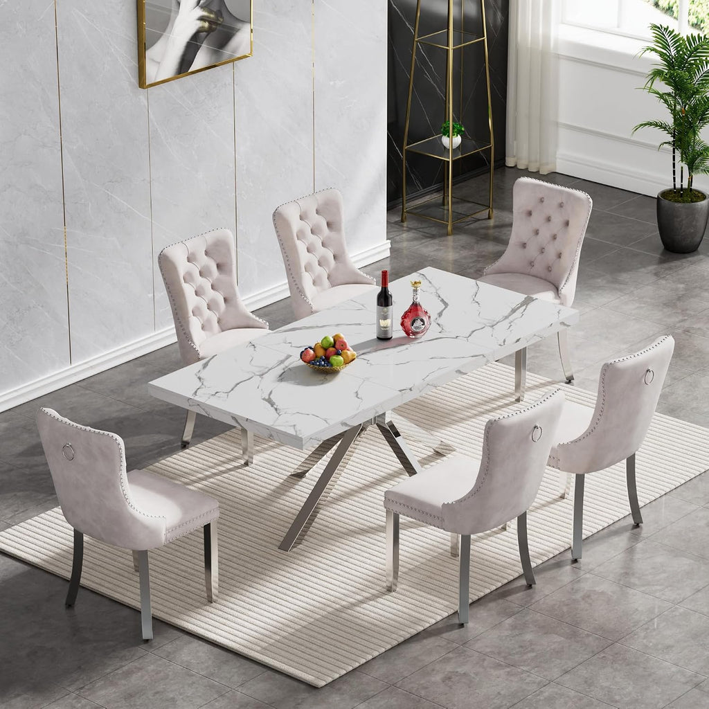 70 inch Faux Marble Dining Table for 4-6, Modern Kitchen Table with White Faux Marble Tabletop, Silver Stainless Steel X Base, Rectangular Dining Room Table for Dinner, Party, Meeting, Celebration