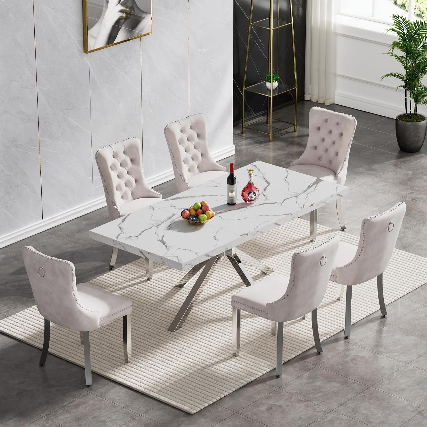 70 inch Faux Marble Dining Table for 4-6, Modern Kitchen Table with White Faux Marble Tabletop, Silver Stainless Steel X Base, Rectangular Dining Room Table for Dinner, Party, Meeting, Celebration
