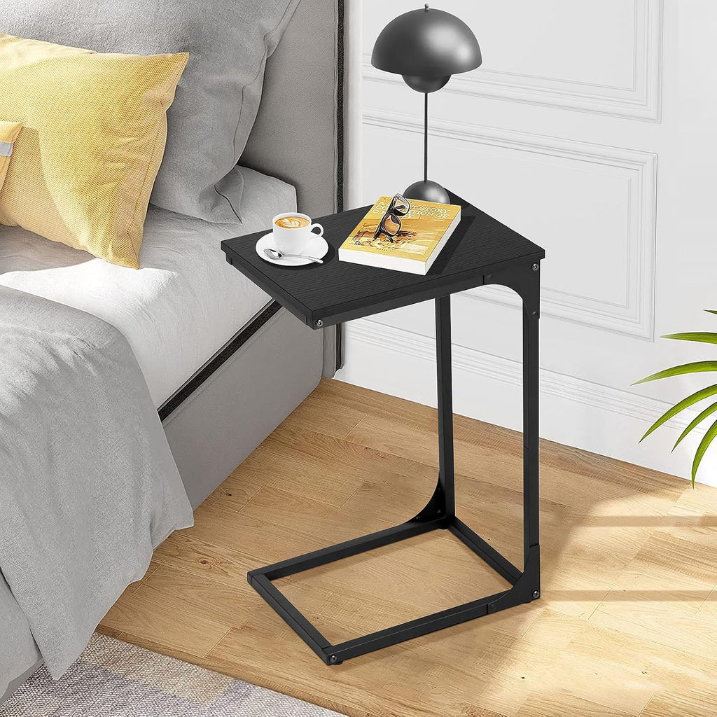 BLKMTY Small Side Table, C-Shaped End Wood Bedside Table, Snack Side Tables for Sofa, Couch, Living Room, Bedroom, Narrow Tables with Metal Frame & Adjustable Feet, Black