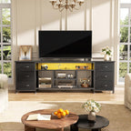 Furologee LED TV Stand for 65, 70 Inch TV, 63 Inch Entertainment Center with Power Outlets, 6 Fabric Drawers Dresser for Bedroom, Media Console with Open Shelves, PU Leather Surface, Black | TV Stand for 65, 70 Inch TV, TV Console with Power Outlets & 6