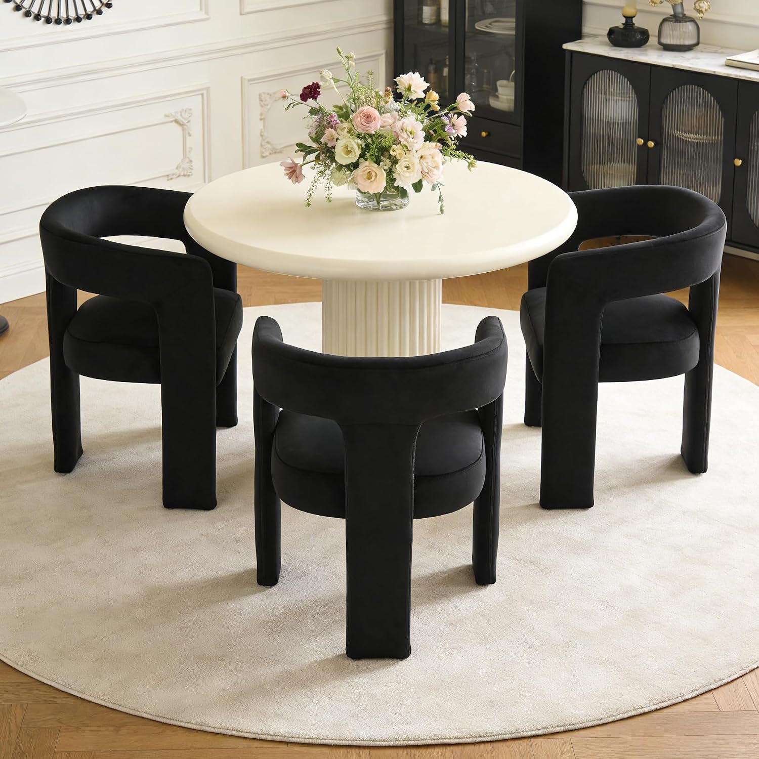 Modern Barrel Dining Chairs Set of 6, No Assembly Velvet Upholstered Dining Room Chairs with Open Back and 3 Legs, Comfy Accent Armchairs for Living Room/Bedroom/Kitchen/Reading, Black