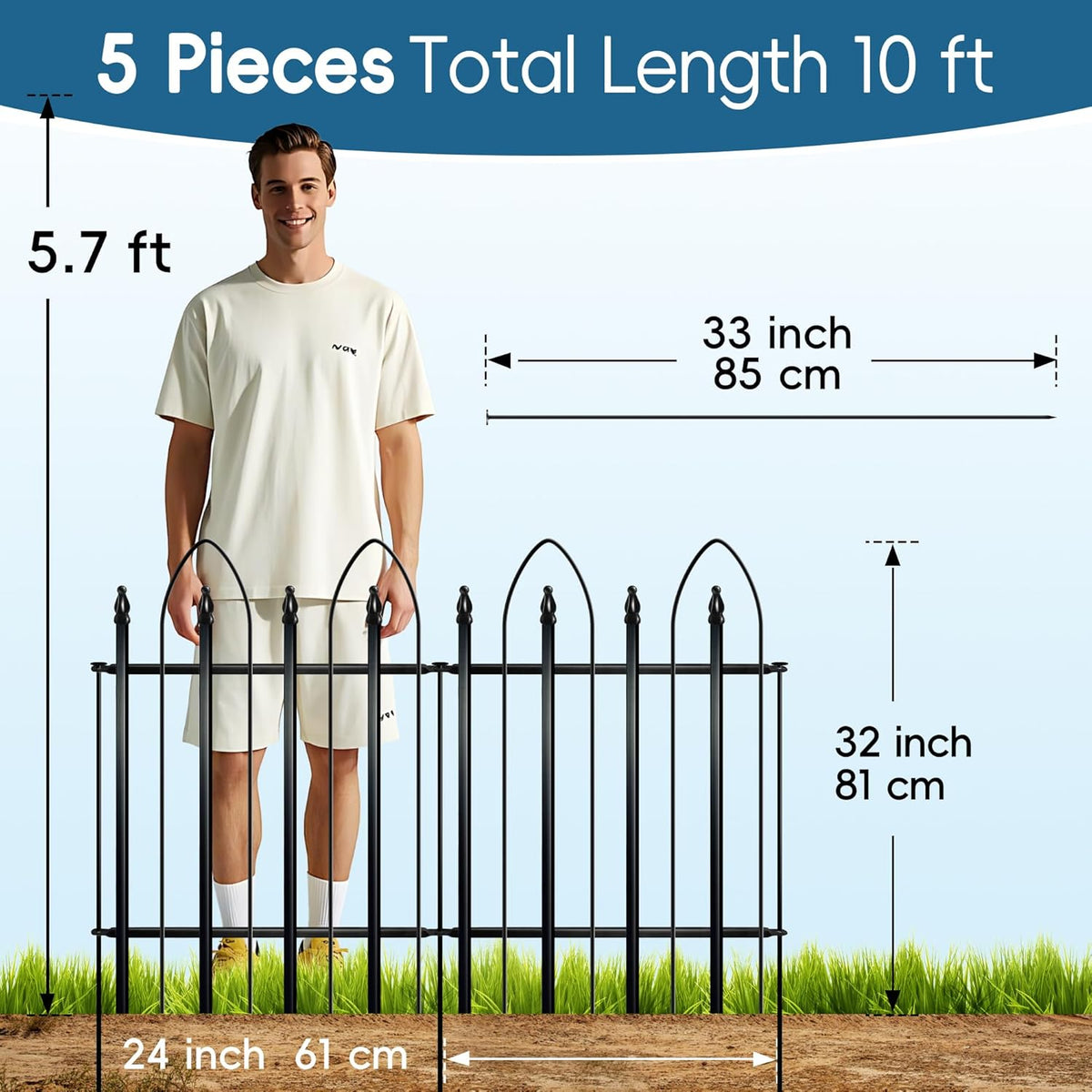 Garden Fence 32 inch H x 24 inch W (5 Panels, Total 10 feet), Metal Decorative Border Folding Fence, Landscape Fencing for Dog, Flower Bed, Yard, Animal Barrier