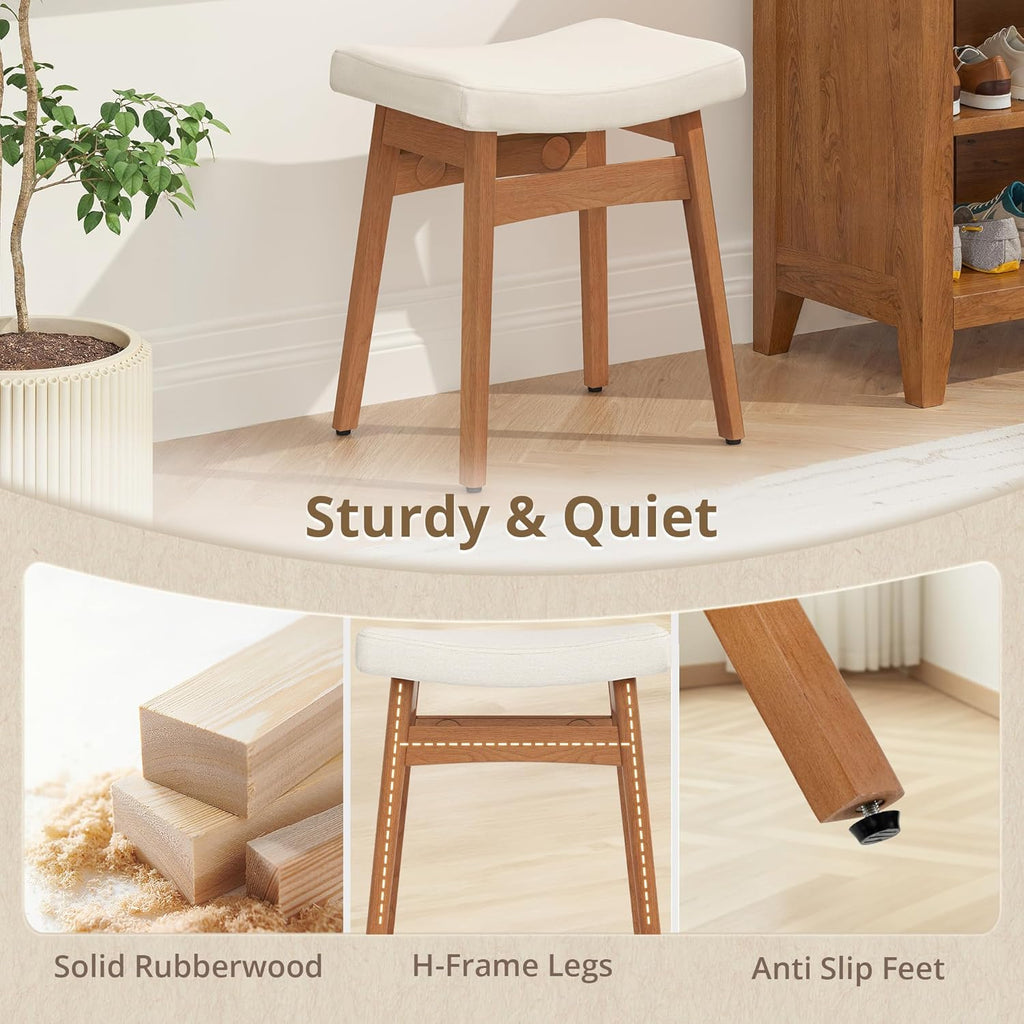 LUE BONA Vanity Saddle Stool with Wood Legs, 17.3" H Compact Makeup Stool with Sick Upholstery, Vanity Bench for Bedroom, Entryway & Bathroom, 300 lb Weight Capacity