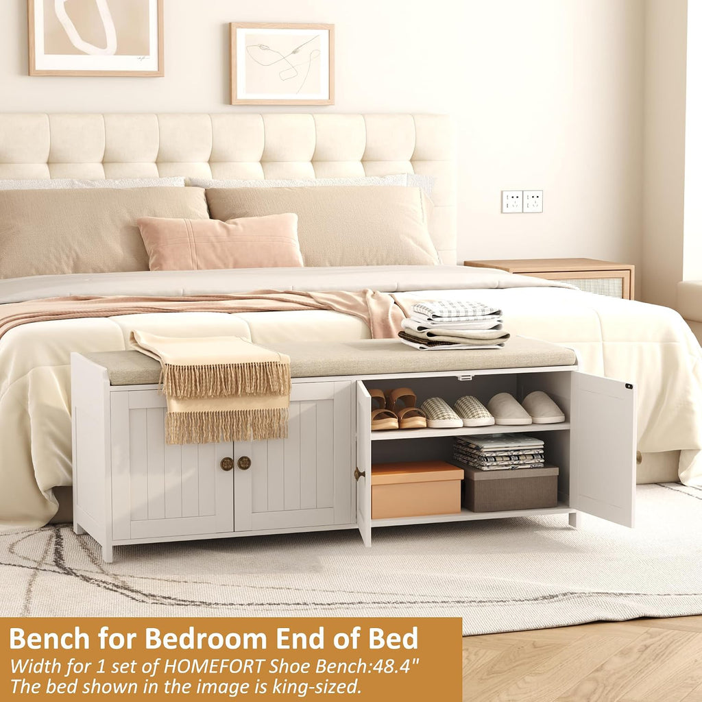 HOMEFORT 48.4" Shoe Storage Bench with Cushion, Entryway Bench with Paddded Seat, 2-Tier Shoe Cabinet Bench with Adjustable Shelves and 4 Doors, Wooden End of Bed Bench, for Bedroom, Hallway, White