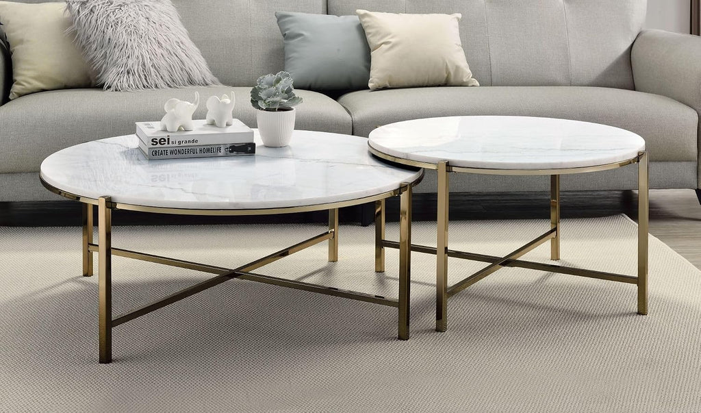 Marble Top & Nickel Finish Nesting Table Set with White | Luxurious 2-piece nesting table set with natural marble tops and nickel finish