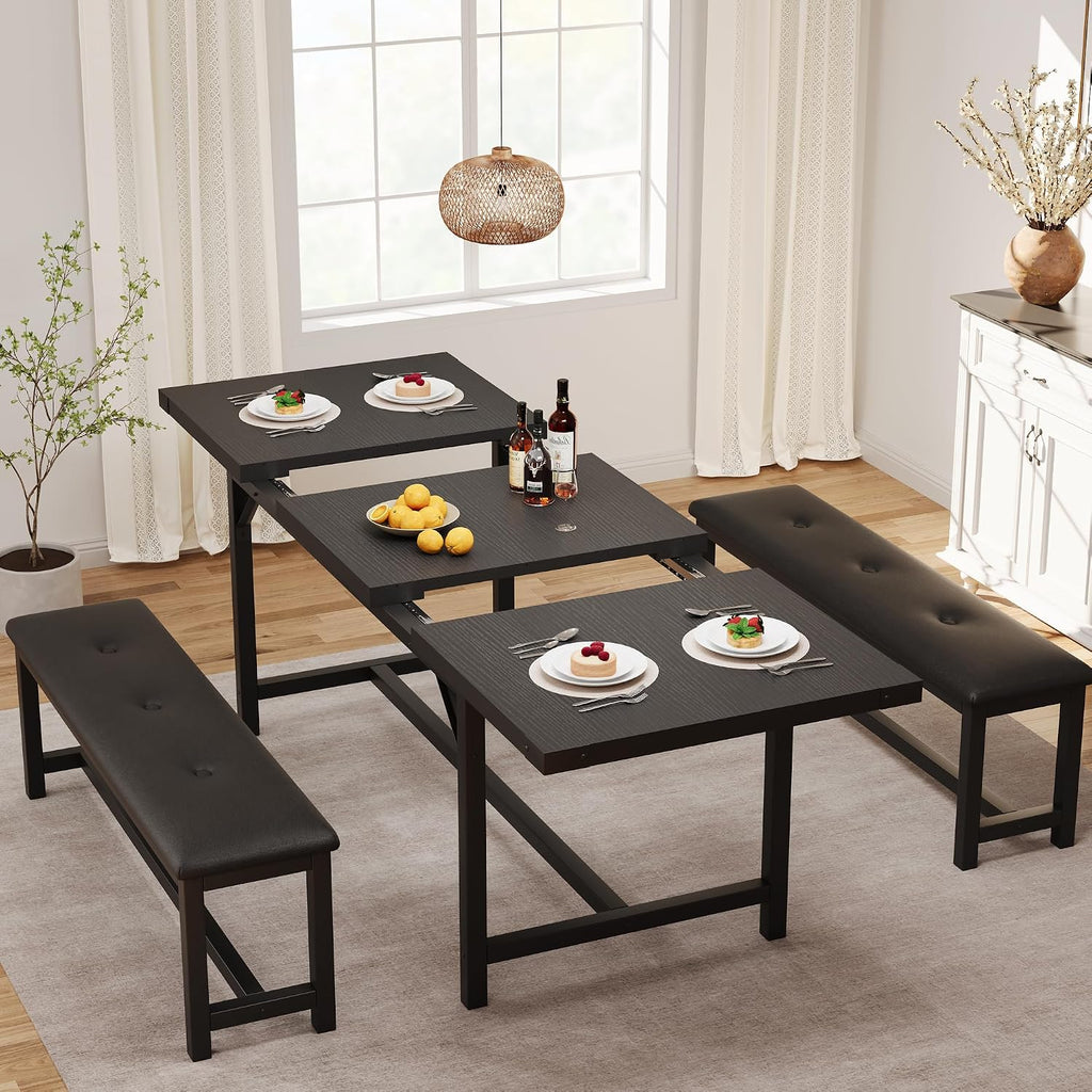 IDEALHOUSE 3 Piece Dining Table Set for 4-6, 63" Extendable Thick Metal Frame Kitchen Table with 2 Upholstered Benches Set for 6, Rectangle Wooden Dinette Table Set for Dining, Apartment, Retro Black