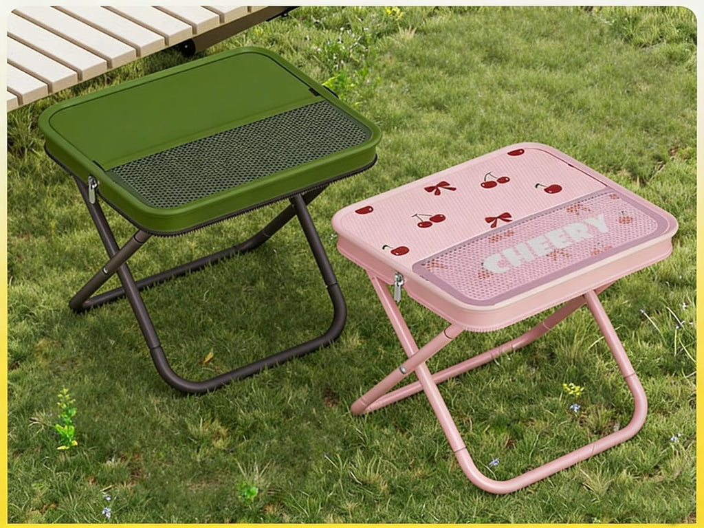 Portable Foldable Camping Stool Chair - Ultralight Travel Stool with Storage Pocket, Handbag Style Design, Double Set、Couple Set (OD Green & Pink Cherry)