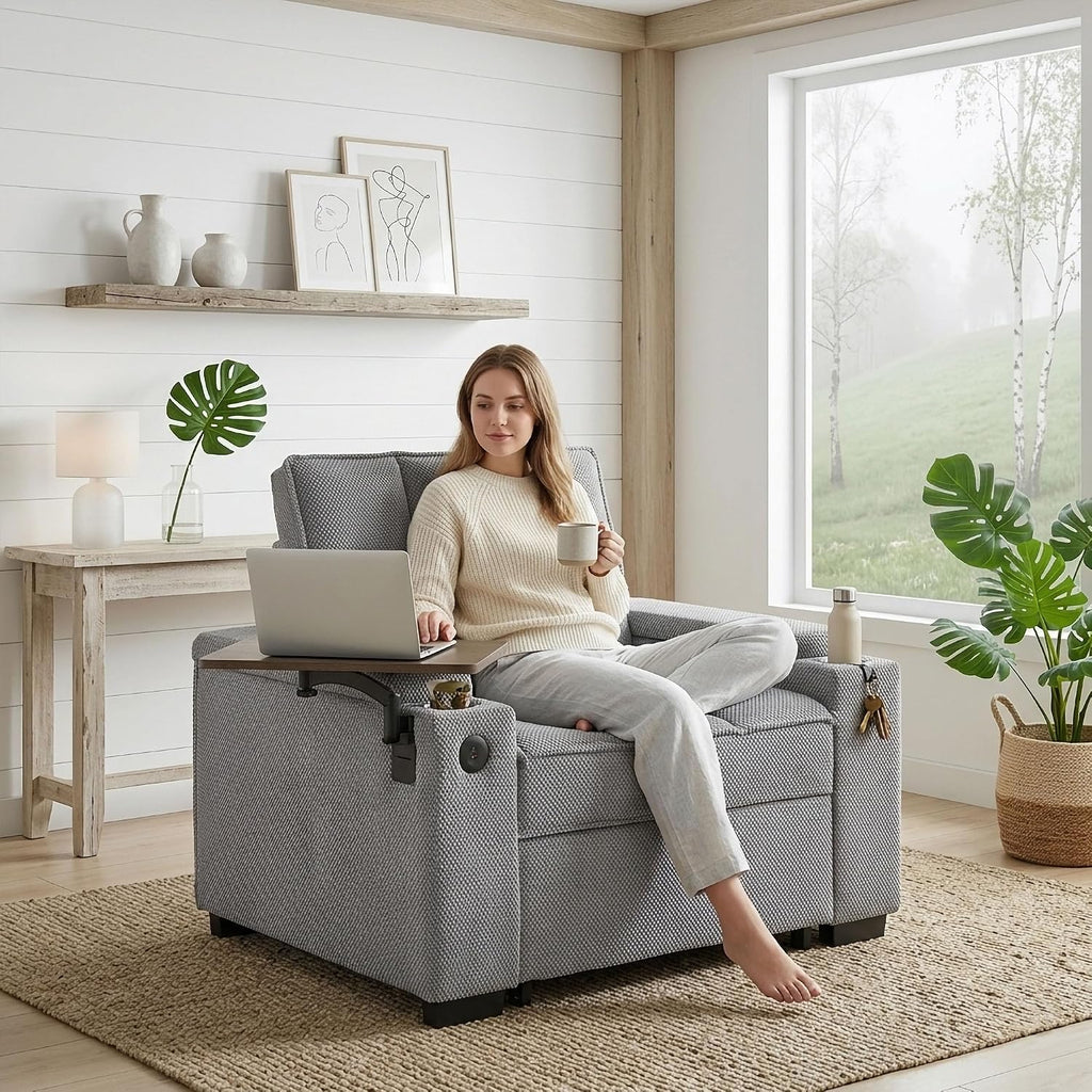 hansones Oversized Recliner Chair for Living Room, Accent Chair with Adjustable Backrest, Deep Seat Reading Chair with Storage, Cup Holders and 360° Swivel Side Table (Light Gray Armchair)