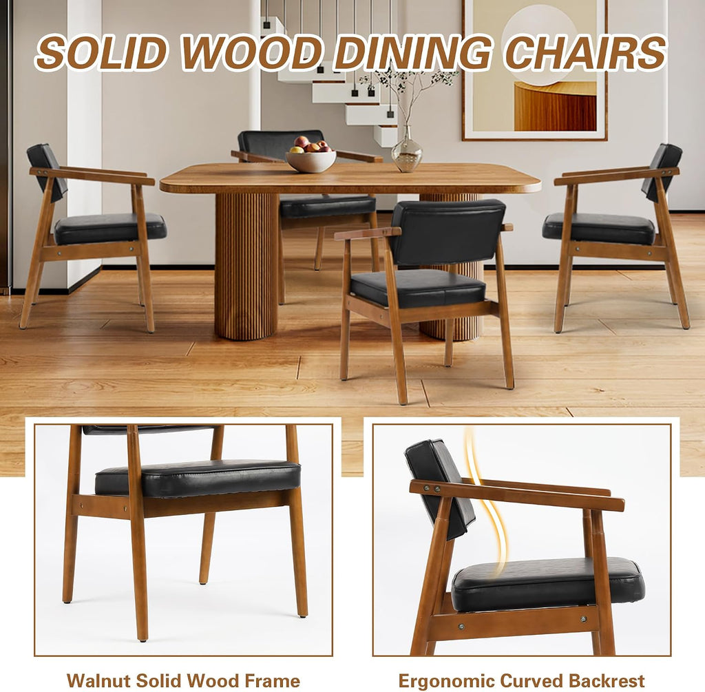 LSSPAID Mid Century Dining Chairs Set of 4, Black PU Leather with Walnut Finished Handrails Comfy Backrest, Farmhouse Dining Room Chairs for Kitchen, Living Space & Restaurant