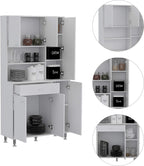 90 Kitchen Pantry Cabinet with Open Shelves, Drawer & Multiple Cabinets, White, Functional Storage for Kitchenware