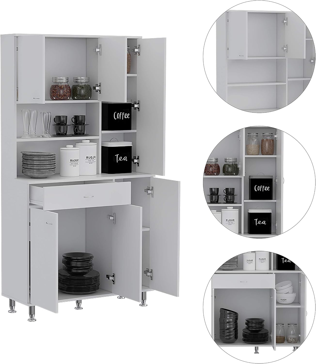 90 Kitchen Pantry Cabinet with Open Shelves, Drawer & Multiple Cabinets, White, Functional Storage for Kitchenware