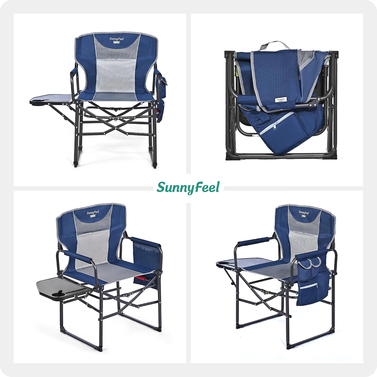 SUNNYFEEL Oversized Camping Chair Portable Directors Chairs with Side Table | Heavy Duty Folding Lawn Chair for Adults 300LBS with Compact Size, Breathable Mesh, Pocket & Carry Bag for Outdoor, Lawn, RV