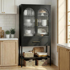 63" Tall Metal Storage Cabinet with Glass Doors, Kitchen Pantry Cabinet with Drawers & Adjustable Shelves, Freestanding Metal Cabinet for Kitchen, Dining Room and Home Organization Black