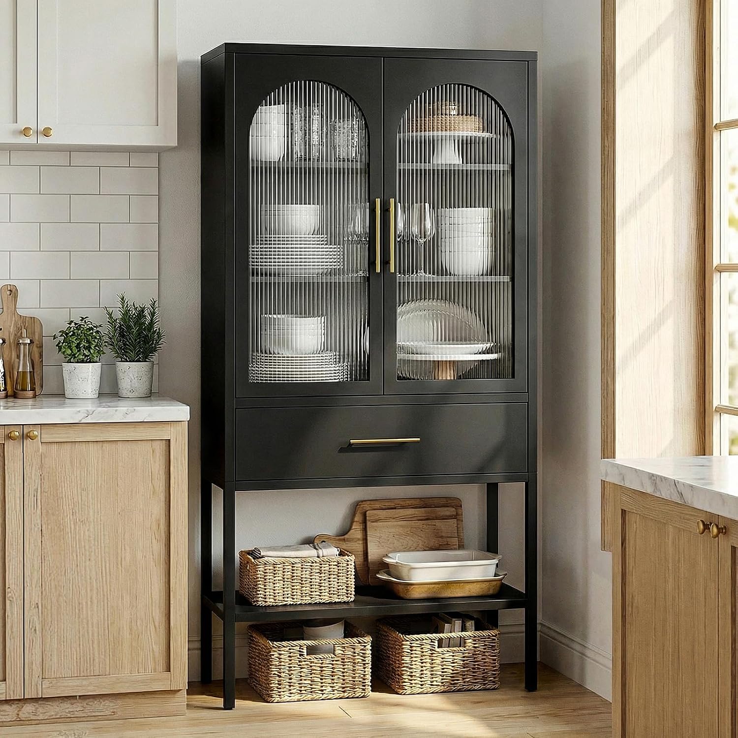 63" Tall Metal Storage Cabinet with Glass Doors, Kitchen Pantry Cabinet with Drawers & Adjustable Shelves, Freestanding Metal Cabinet for Kitchen, Dining Room and Home Organization Black
