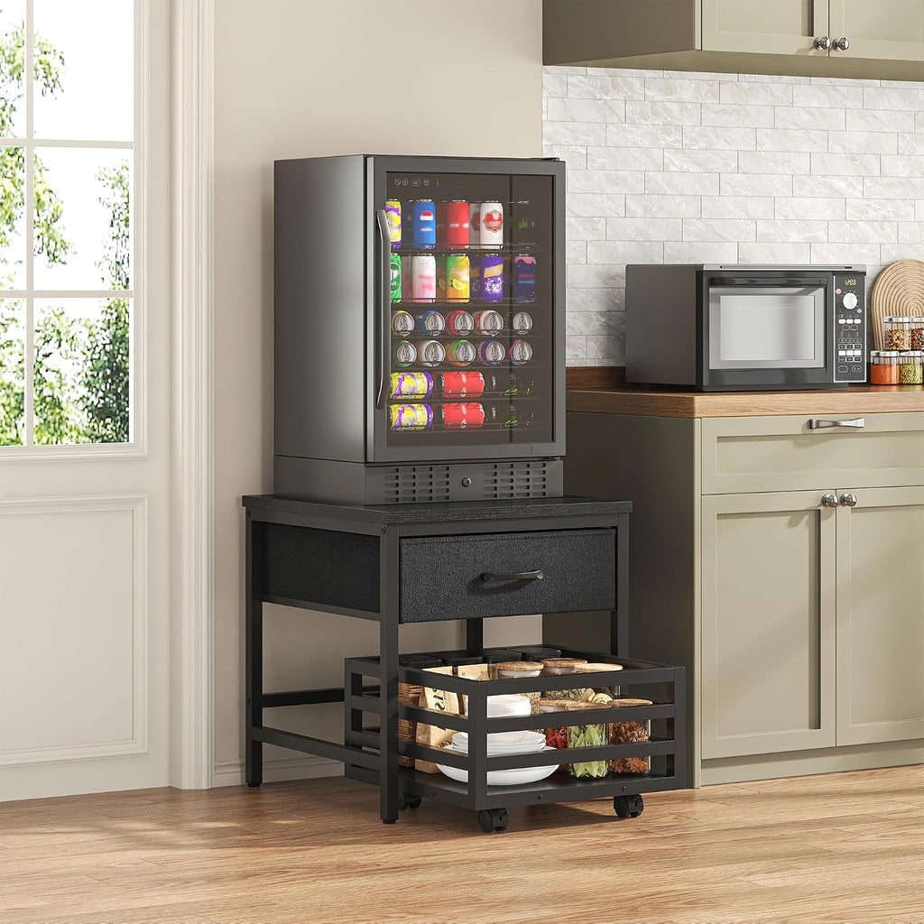Saudism Mini Fridge Stand with Movable Storage Basket | Mini Fridge Cabinet with Storage Drawer,Sturdy Metal Frame,Great for Dorm Home Office, Full Black