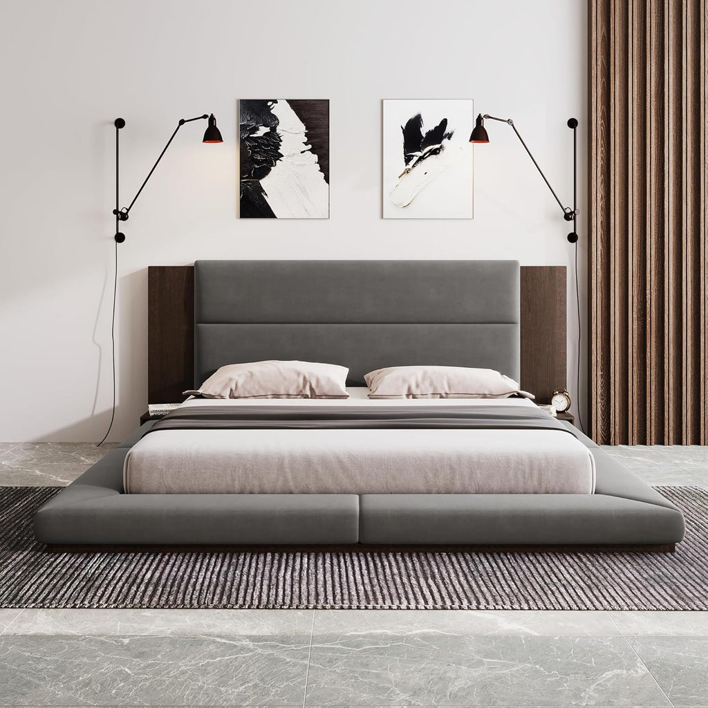 SOFTSEA King Size Floor Platform Bed Frame, Upholstered Floor Bed with Extended Headboard & Bedside Shelf, Velvet Fabric Grounded Bed Frame King Size for Bedroom, No Box Spring Needed, Gray