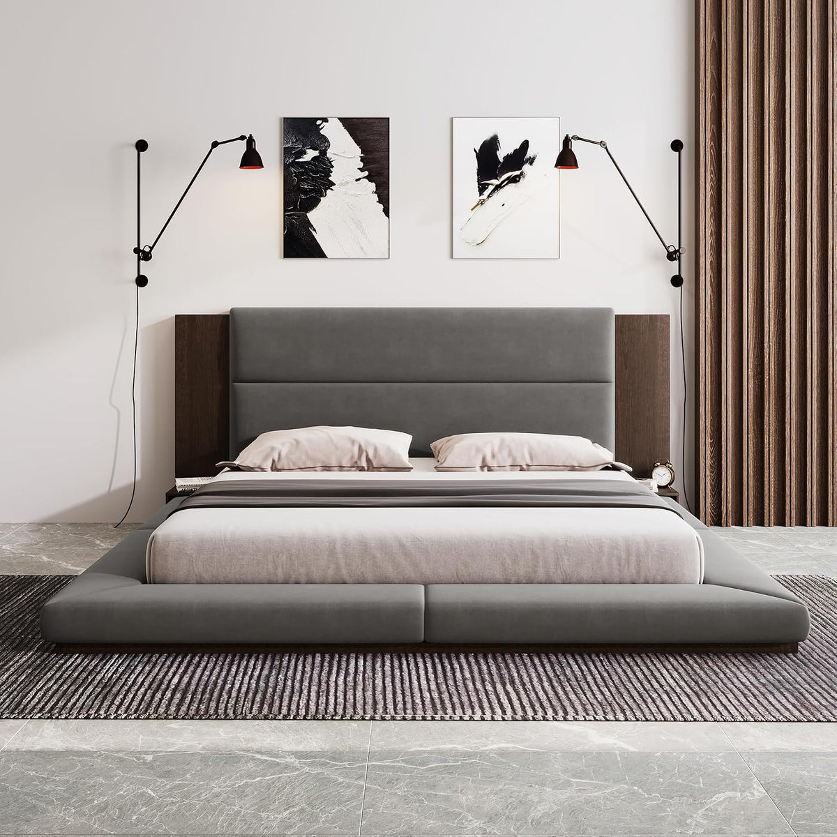 VilroCaz Modern King Size Upholstered Grounded Bed, Velvet Fabric Floor Upholstered Platform Bed with Extended Wood Headboard & Bedside Shelf, No Box Spring Required (King)