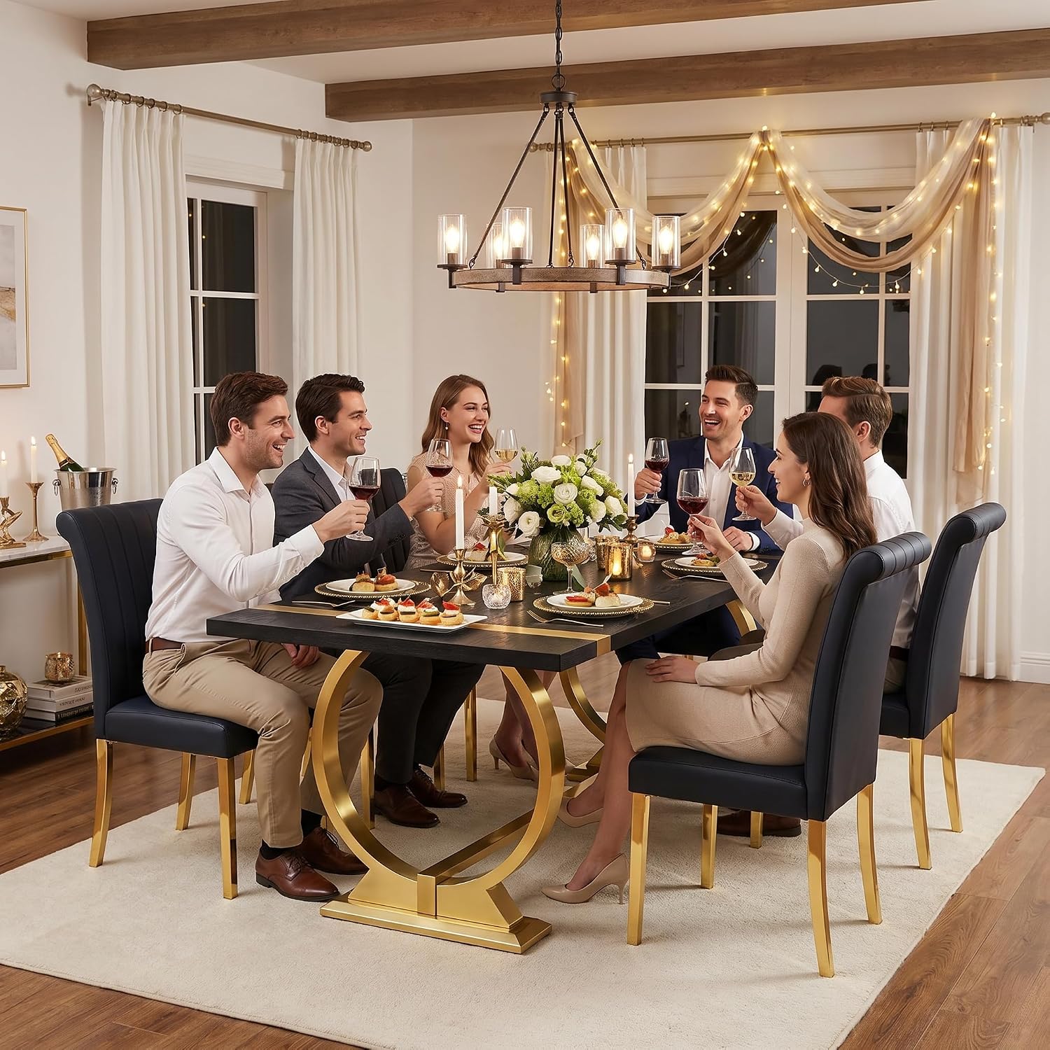 Asday 77" Wooden Dining Table for 6-8, Modern Rectangular Large Kitchen Table with Gold Polished Stainless Steel U-Shaped Base for DiningRoom Kitchen Dinner Home