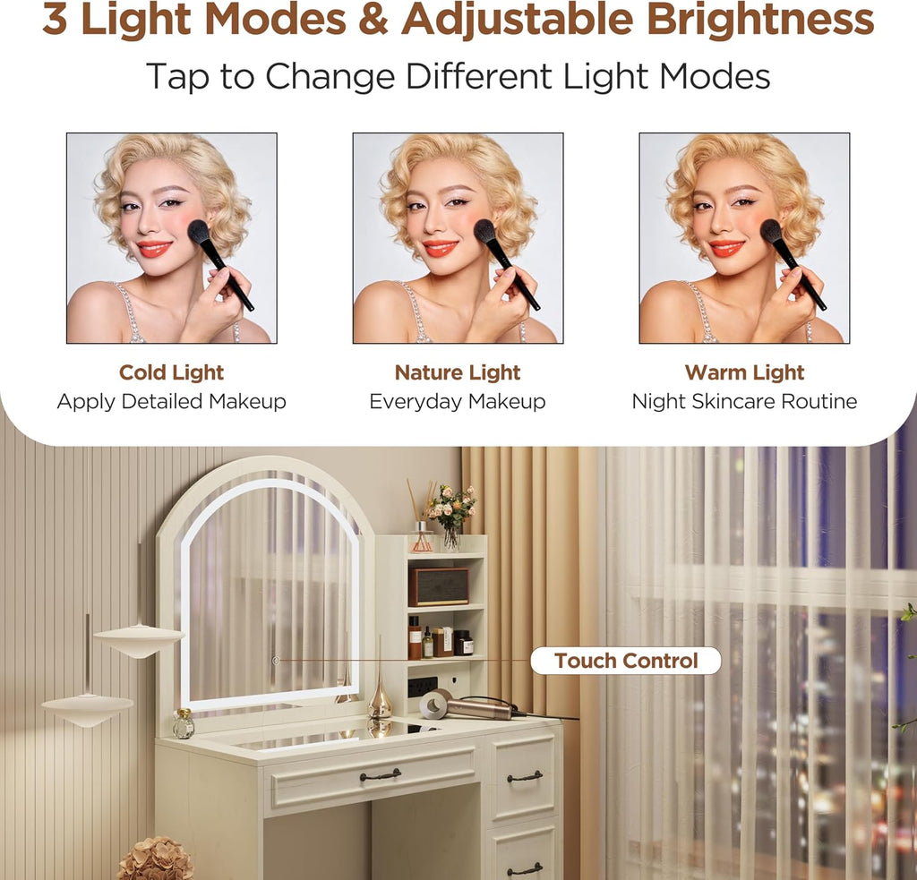 Makeup Vanity Desk with Mirror and Lights 3 Colors, Modern Dressing Table with Transparent Glass Tabletop, 4 Drawers, Power Outlet, Vanity Table for Bedroom, Bathroom
