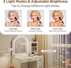 Makeup Vanity Desk with Mirror and Lights 3 Colors, Modern Dressing Table with Transparent Glass Tabletop, 4 Drawers, Power Outlet, Vanity Table for Bedroom, Bathroom