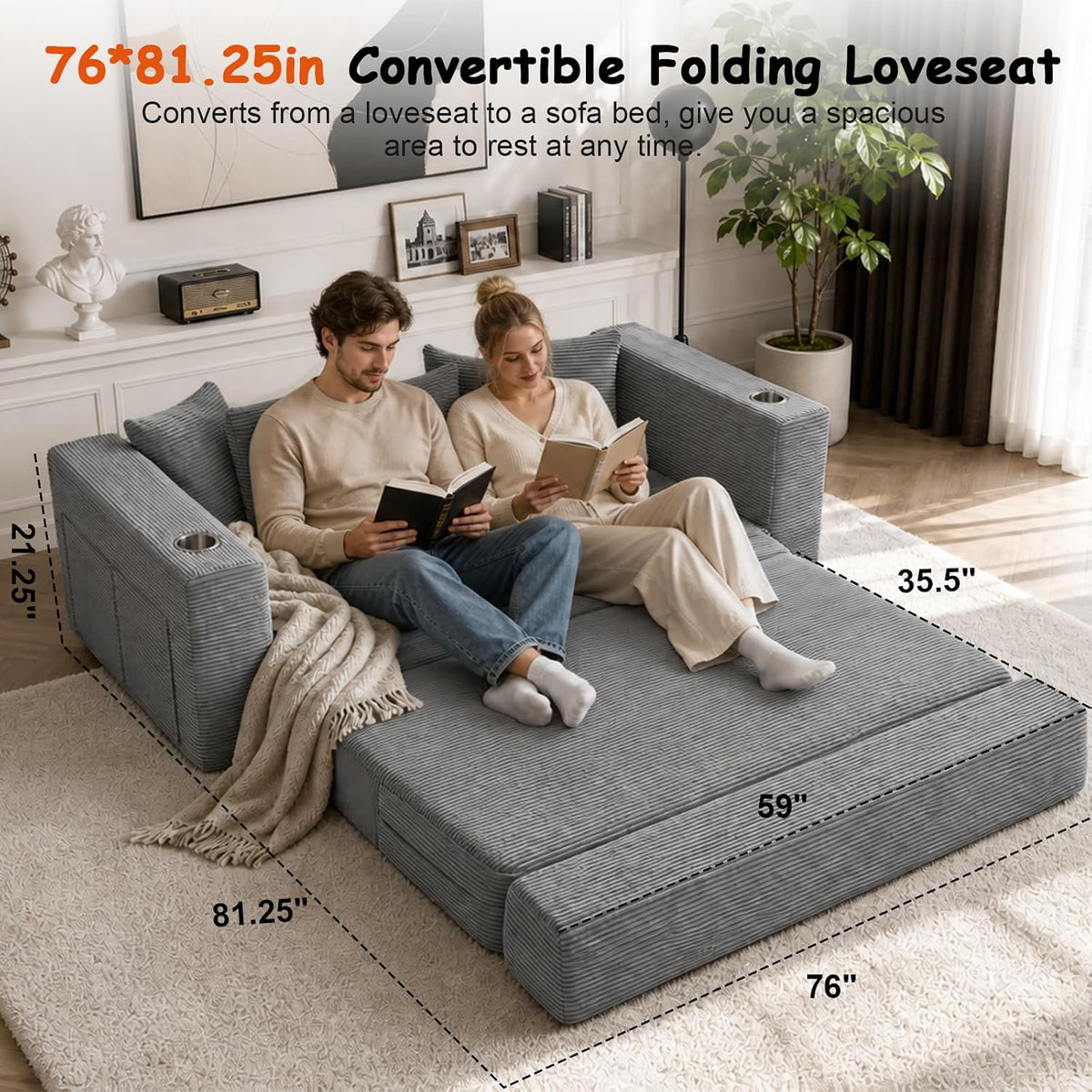 76" Convertible Sofa Bed, Corduroy Couch with Cup Holders & Pocket | 2-in-1 Sleeper Sofa, Pull-out Couch Bed with 5 Pillows, Living Room, Small Spaces, Bedroom, No Assembly