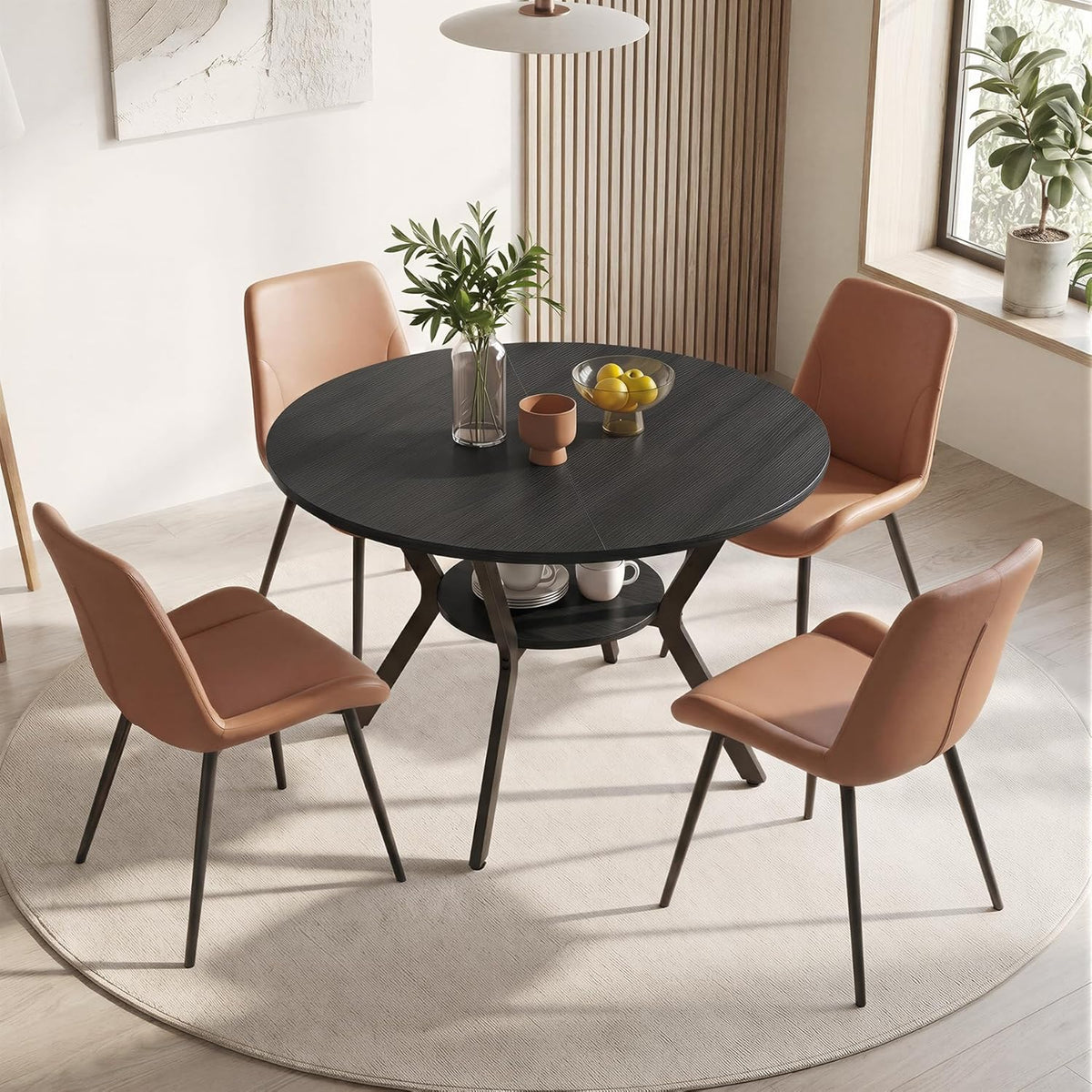 Miereirl 42.13" 5-Piece Round Dining Table Set for 4, Kitchen Table Set with 4 Upholstered Chairs and Storage Shelf, Dining Room Furniture Set for Apartment, Small Spaces