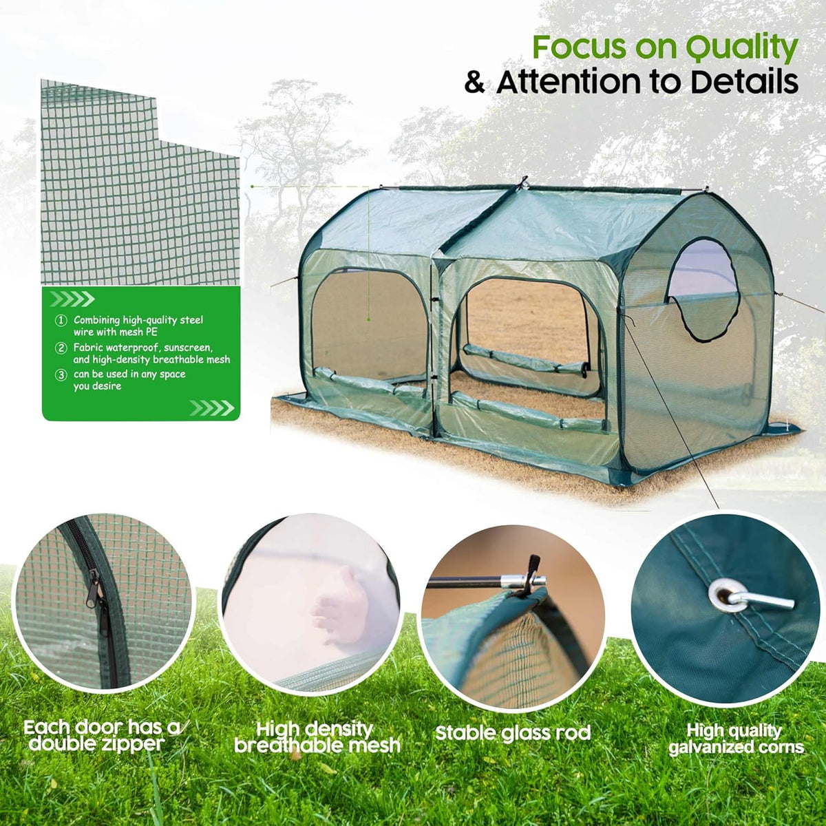Pop up Greenhouse Tent Cover Tunnel Plant House,Large Gardening Flower Sunshine Room with Mesh Windows,Backyard PE Cover for Cold Frost Protector with Stakes and Rope Guys (Medium Size)