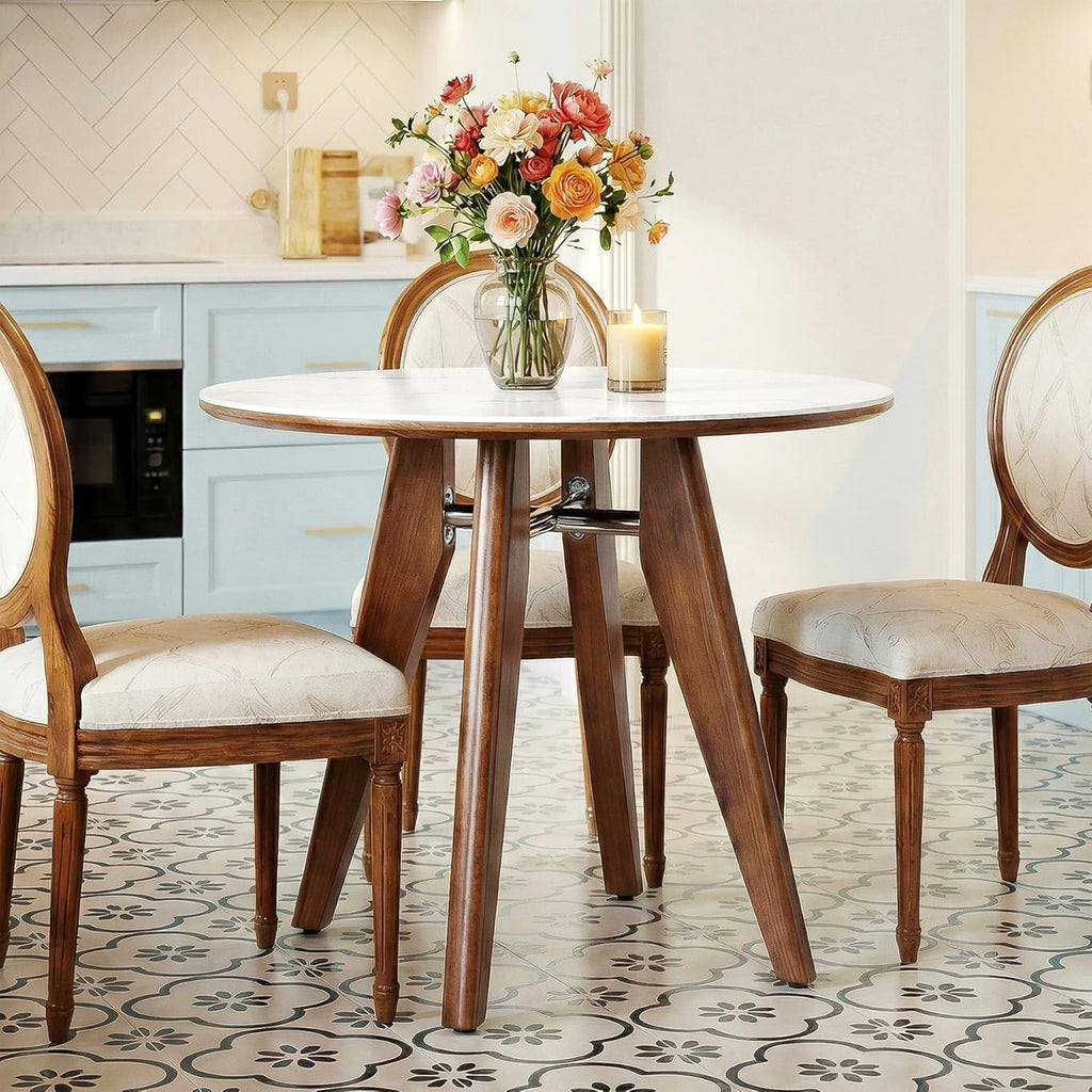 31.5" Round Dining Table, Modern Sintered Stone Kitchen Table with Solid Wood Legs for Dining Room, Living Room, Small Space, Glossy White & Brown