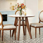 31.5" Round Dining Table, Modern Sintered Stone Kitchen Table with Solid Wood Legs for Dining Room, Living Room, Small Space, Glossy White & Brown