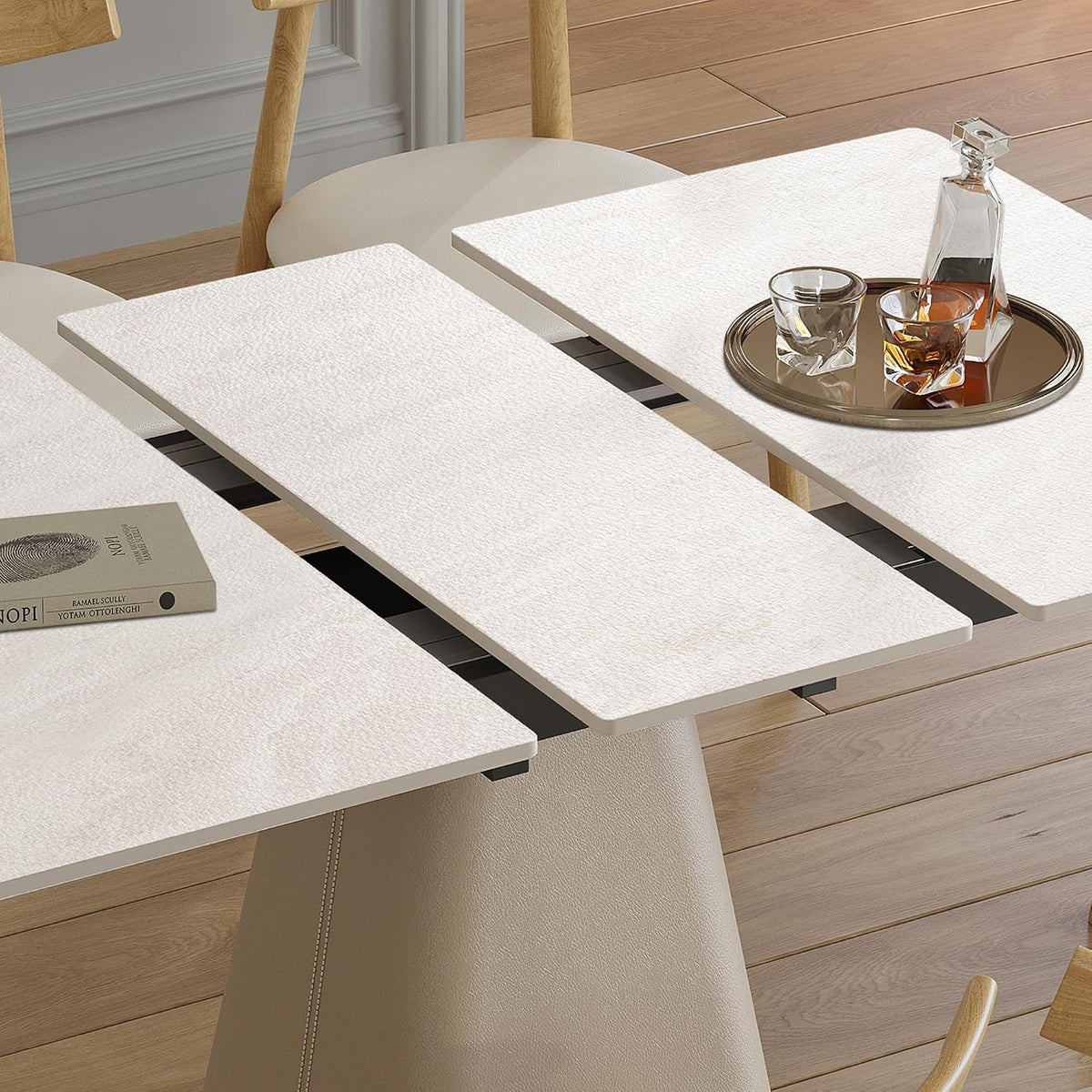 47.2" Retractable Rock Slab Folding Dining Table, Modern Expandable Kitchen Table with Leather-Wrapped Stainless Steel Base, Space Saving Square Dining Table for Small Apartments