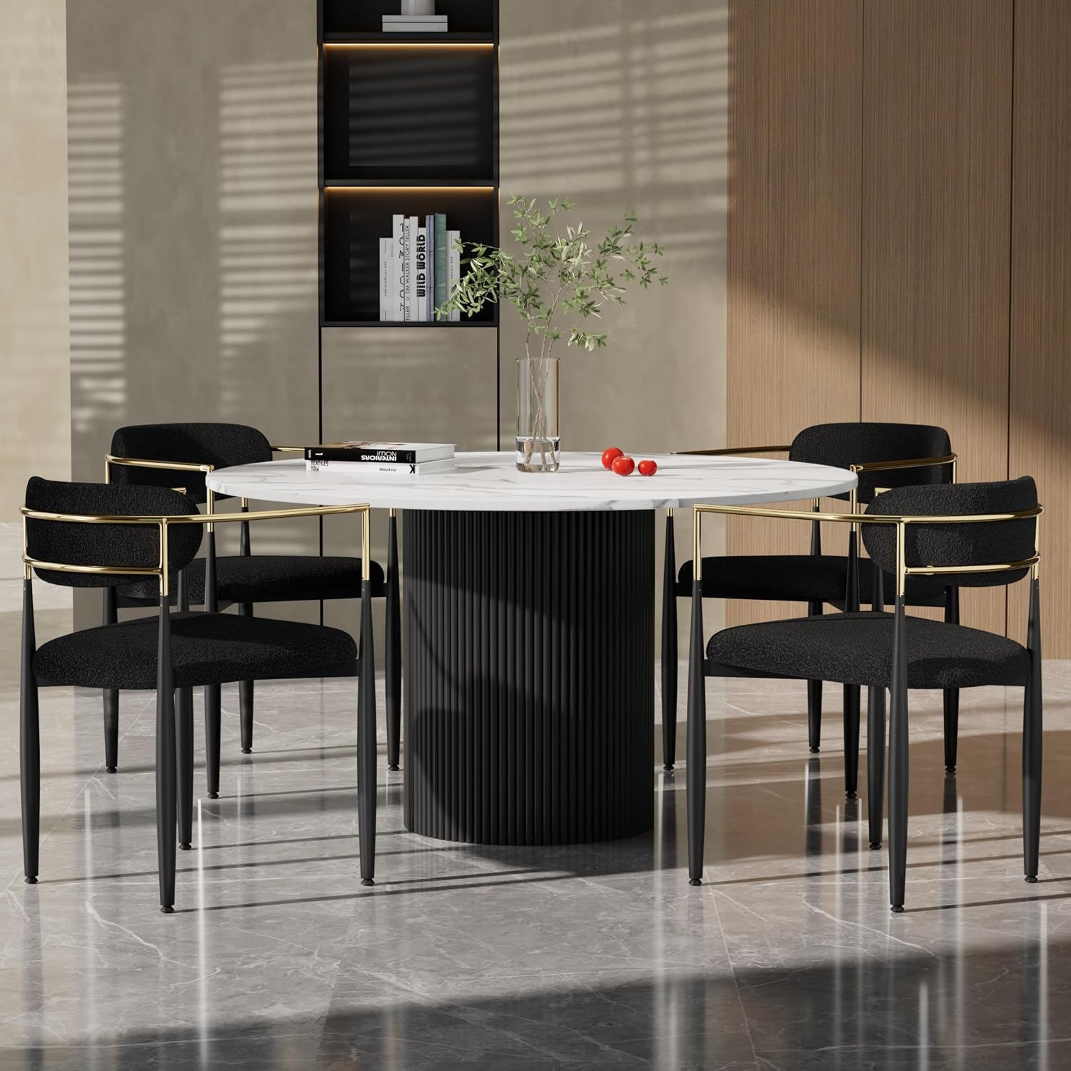 Baysitone Dining Chairs Set of 4 Mid-Century Modern Upholstered Boucle Dining Room Chairs Open Back Curved Backrest Black Metal Legs Gold Armchairs for Kitchen Living Room, Black(Only Chairs)