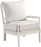 OSP Home Furnishings Kaylee Spindle Accent Chair with Antique White Wood Frame, White Linen Fabric