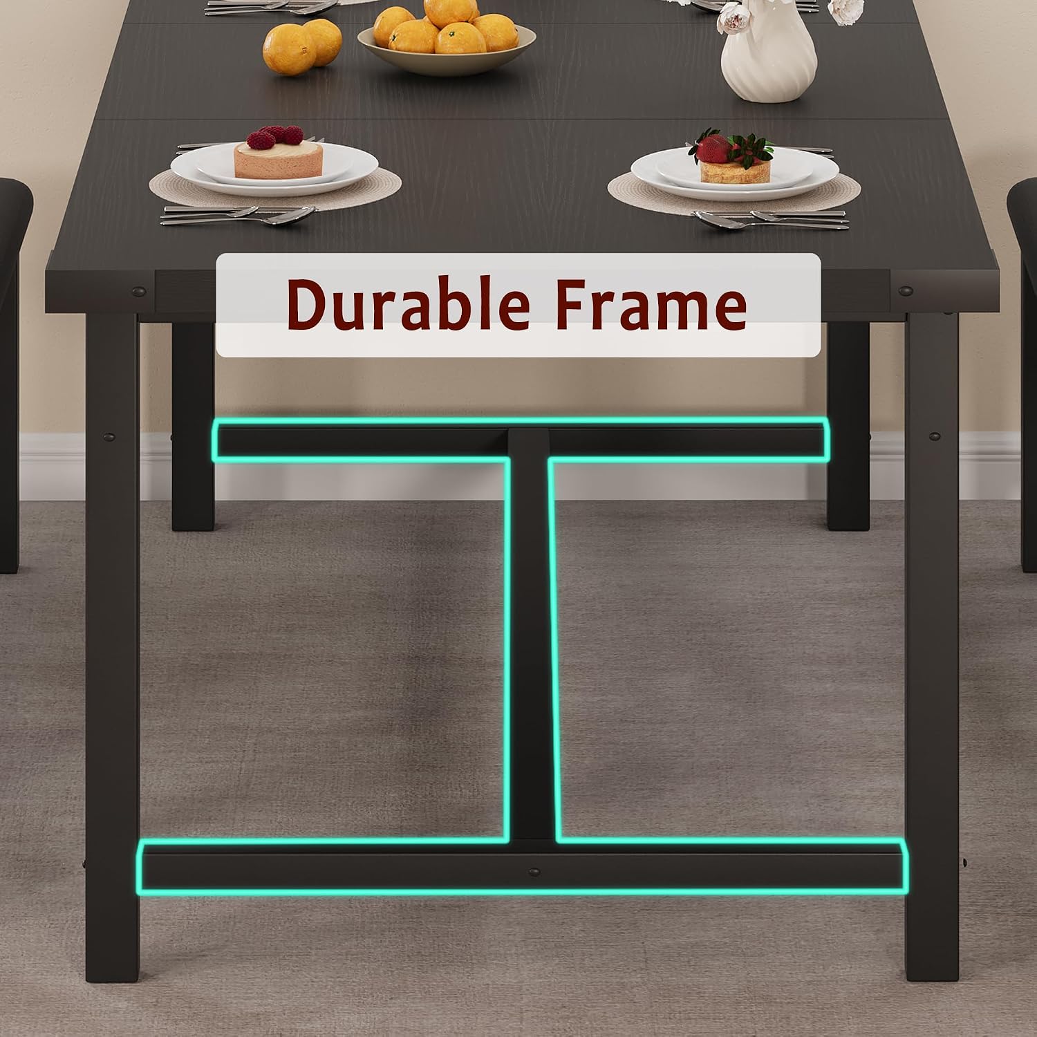 IDEALHOUSE 3 Piece Dining Table Set for 4-6, 63" Extendable Thick Metal Frame Kitchen Table with 2 Upholstered Benches Set for 6, Rectangle Wooden Dinette Table Set for Dining, Apartment, Retro Black